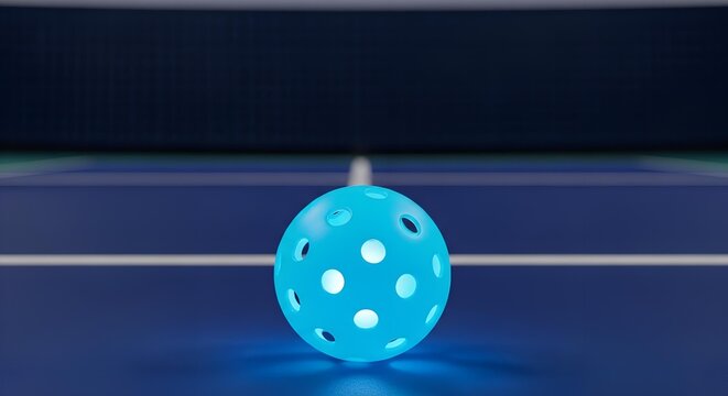 Bright blue pickleball with holes on a dark blue court with white lines and a net in the background, ready for play.
