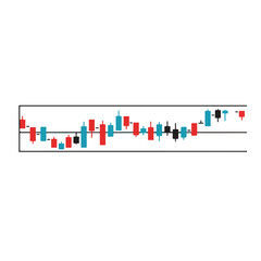 A financial chart shows upward, downward trends, in a horizontal display with blue/red bars