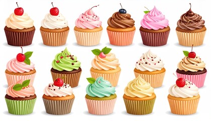 Assorted Cupcakes with Colorful Frosting and Toppings Displayed on White Background