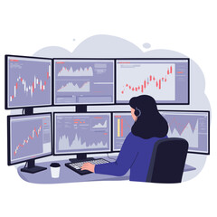 Analyst monitors stock market with multiple displays and headset while working at a desk