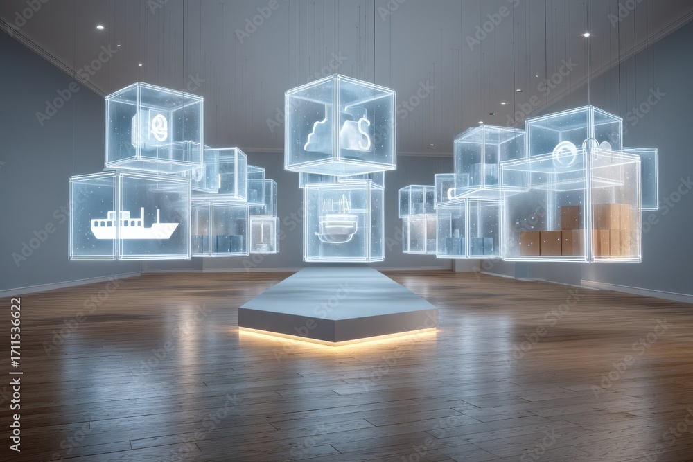 Poster futuristic room with illuminated digital cube art installations and minimal design