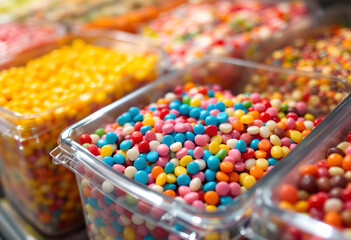 Colorful Candy Assortment Displayed in Clear Containers