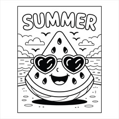 Summer Watermelon Coloring Page, Cute Fruit Character, Kids Summer Fun Illustration