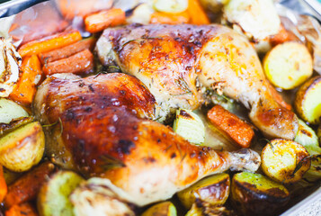 A gourmet summer meal of roasted and grilled chicken dishes with vegetables is delicious and healthy