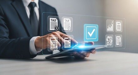 Illustration of businessman using tablet with digital icons, representing online services