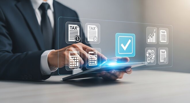 Illustration of businessman using tablet with digital icons, representing online services - Powered by Adobe