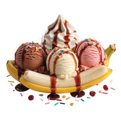 Banana split ice cream with different toppings isolated on white background, top view