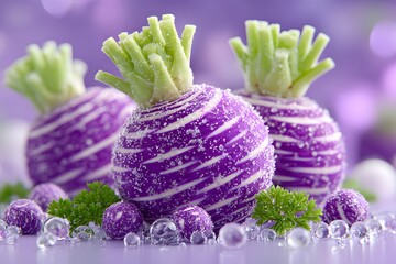 Vibrant Purple Turnips with Green Tops and Water Droplets.