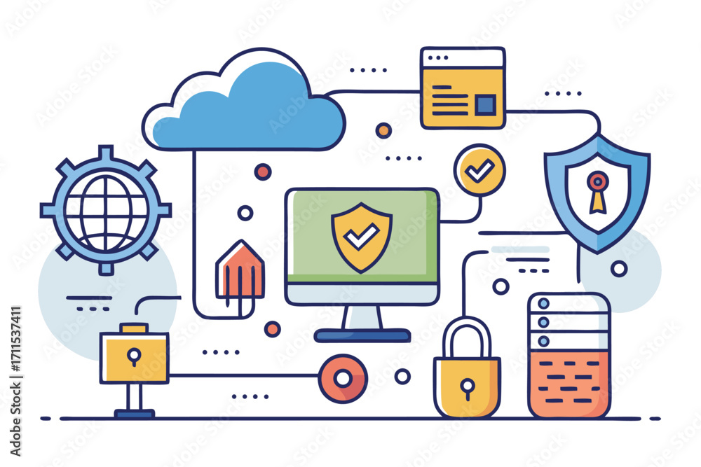 Poster concept of cybersecurity with cloud computing, data protection icons, and network symbols in a moder