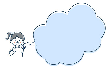 笑顔で指差す女の子と吹き出しのシンプルな線画イラスト素材