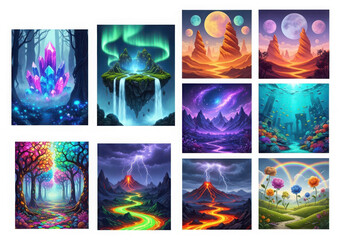Magical fantasy landscapes with vibrant colors and surreal elements