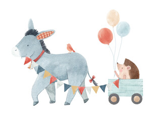 Cute watercolor donkey with garland and hedgehog in cart holding balloons. Adorable kids illustration, perfect for nursery decor and party design. © zenina