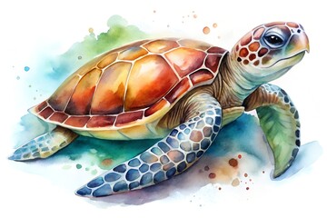 Obraz premium Watercolor Sea Turtle Illustration with Vibrant Colors and Artistic Splatters