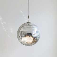 Fototapeta premium A hanging disco ball reflecting light in a minimalist setting. isolated on white background