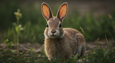 Fototapeta premium Alert Wild Rabbit in Grassy Meadow, Close-Up Portrait.
