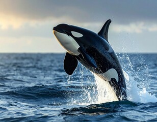 Fototapeta premium Dynamic Orca Jumping Above Ocean Waves