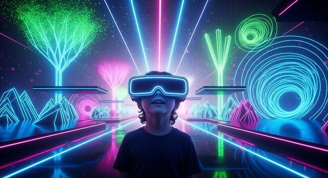 A child experiencing virtual reality in a futuristic neon light metaverse environment