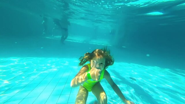 Young girl joyfully swimming underwater, showcasing playful movements and expressions in a vibrant pool environment, capturing the essence of aquatic fun