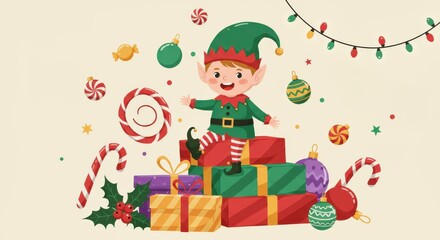 Naklejka premium A cheerful Christmas elf sits atop a stack of presents, surrounded by festive decorations and candies.