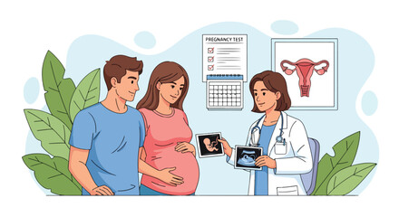 Adobe illustrator artwork vector illustration. A pregnant woman and her partner receive an ultrasound image from a friendly female doctor in a medical consultation room