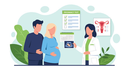 Adobe illustrator artwork vector illustration. A pregnant woman and her partner receive an ultrasound image from a friendly female doctor in a medical consultation room