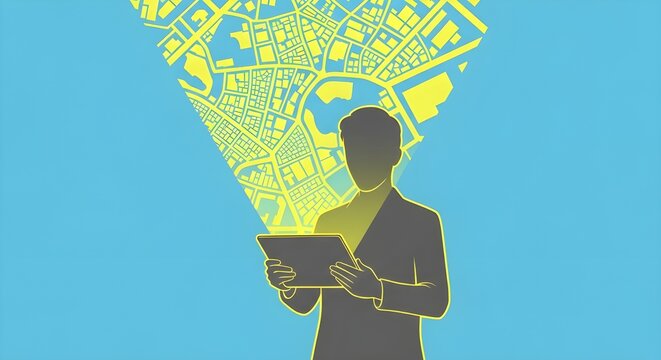 Man using tablet with city map projection: Flat Illustration of Technology and Navigation