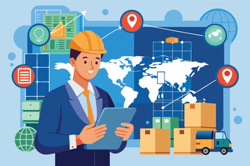 Construction manager using tablet to oversee logistics on global map with delivery boxes in background