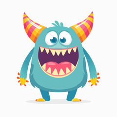 Naklejka premium Cartoon illustration of a cute, blue, furry monster with striped horns, a wide grin, and sharp teeth against a white background.