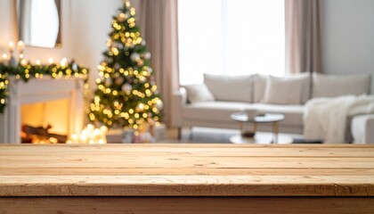 Empty woooden table top with abstract warm living room decor with christmas tree string light blur background with snow,Holiday backdrop,Mock up banner for display of advertise product