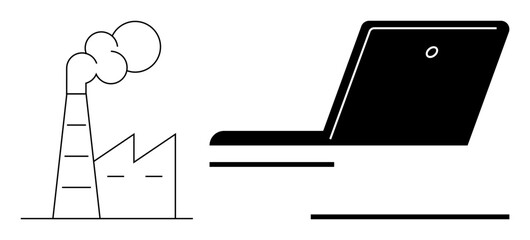 Factory with smoke emission beside an open laptop highlighting the intersection of industry, technology, and innovation. Ideal for sustainability, digital transformation, automation, eco-tech