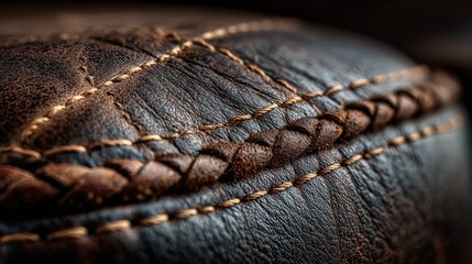 Distressed brown leather surface with intricate stitched and braided design
