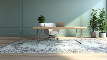 Modern Minimalist Office Desk with Potted Plants in Bright Light