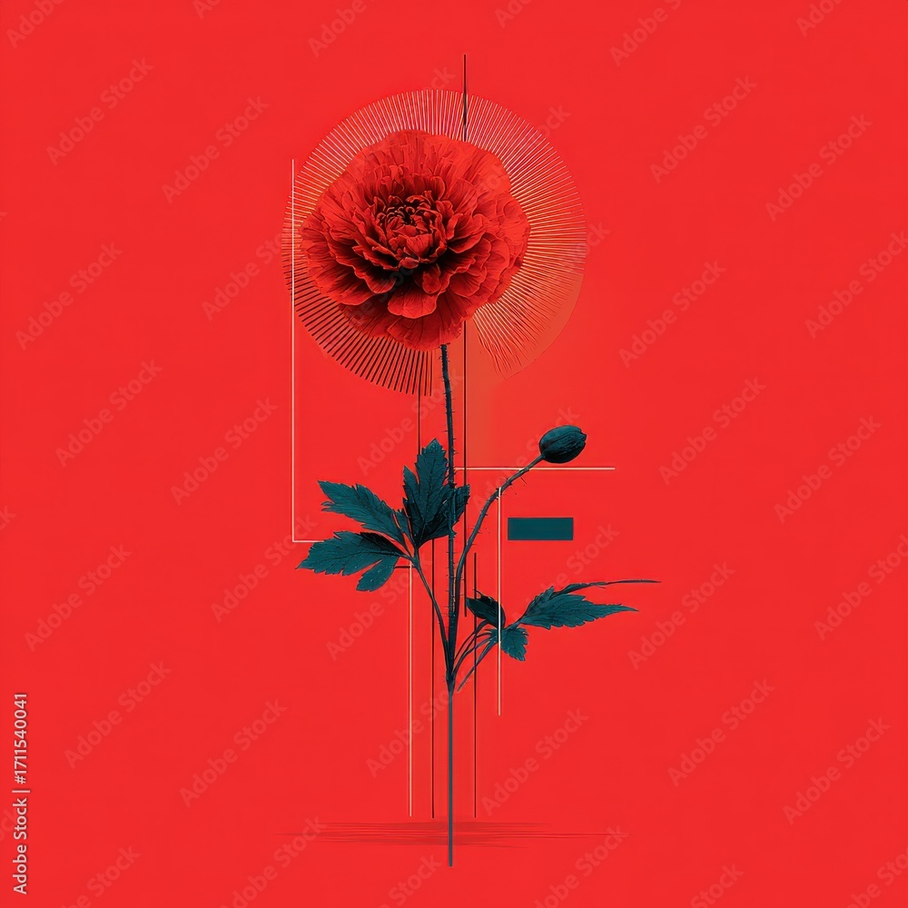 Wall mural vibrant red flower with abstract elements and geometric patterns