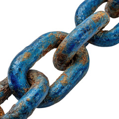 Close-up of a rusted, blue chain link