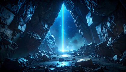 Futuristic Blue Light Beam Shining Through Rocky Cave