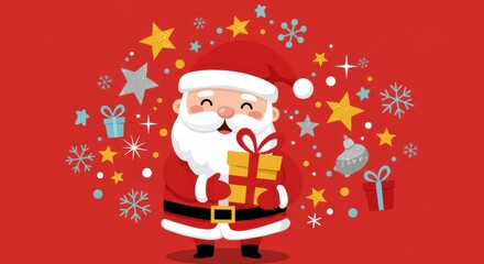 Cheerful cartoon Santa Claus figure holding a gift, surrounded by festive decorations against a vibrant red backdrop.