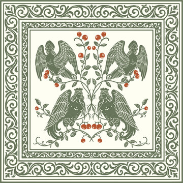 Slavic Mythology Alkonost Bird-Women in Ornamental Frame Vector Vintage Folk Art Square Design with Berries