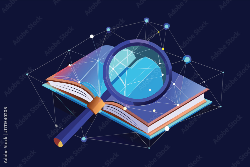 Poster exploring knowledge through a magnifying glass over an open book with digital connections