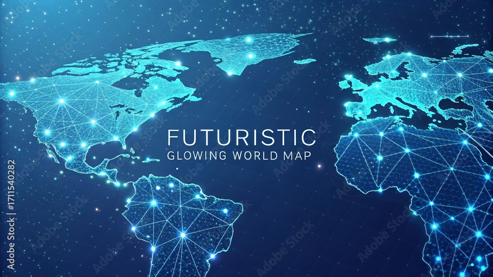 Poster futuristic glowing world map abstract network connectivity visualization