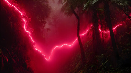 jungle of glowing plants, tangled wires, and bioluminescent fog