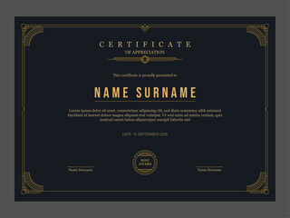 Vintage style certificate of appreciation template. Art deco ornament certificate design in dark gold style.