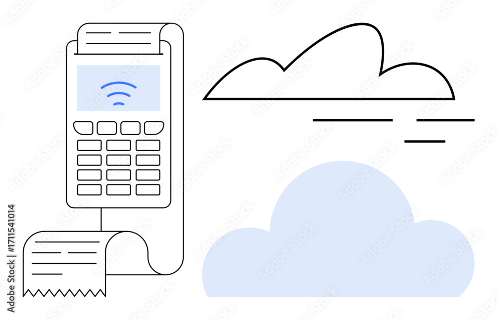 Poster payment terminal with rolled receipt and wireless signal in front of two clouds. ideal for technolog