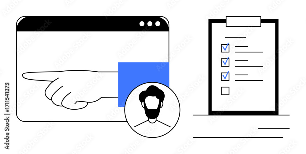 Poster hand pointing in browser interface, male avatar, checklist with marked tasks. ideal for productivity