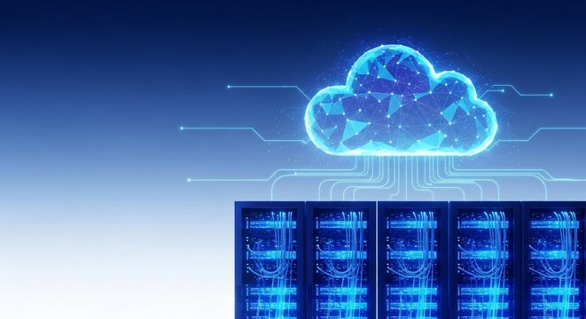 Cloud Computing Data Center Network Servers Connected to Digital Cloud via Network Cables