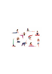 Yoga people. Group of men and women doing yoga exercises, various poses of warming up.ai