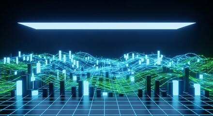 Futuristic Digital Cityscape Abstract Neon Lights Data Waves and Glowing Bars