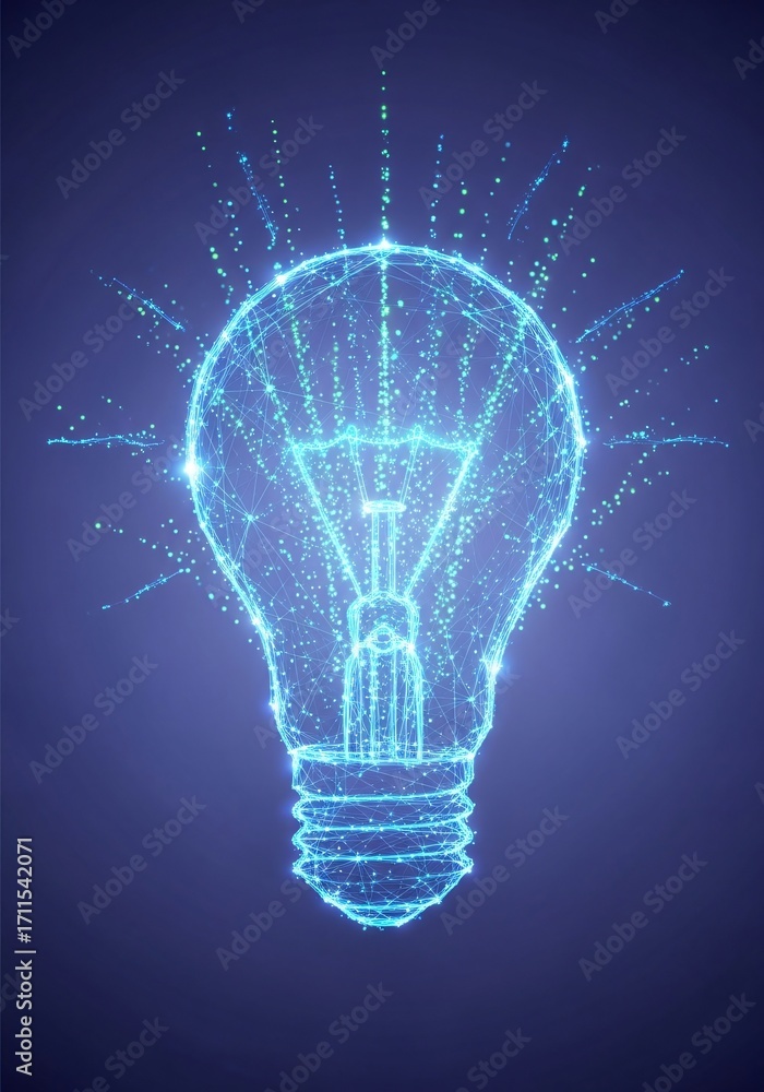 Poster glowing lightbulb innovation idea technology abstract network polygonal lines dots creative concept
