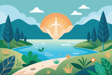 Colorful landscape at sunset with water, mountains, and lush greenery