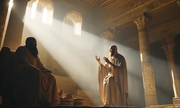 Biblical Illustration of Moses Demanding Pharaoh Ramses to Free the Israelites from Slavery in Egypt