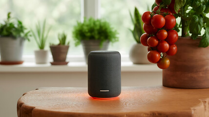 Smart Speaker on Wooden Table with Fresh Tomatoes and Plants